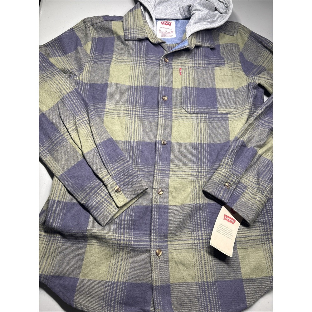 Levi's Mens XLarge Hooded Plaid Flannel Shirt Jacket NWT Green/Blue Button Up